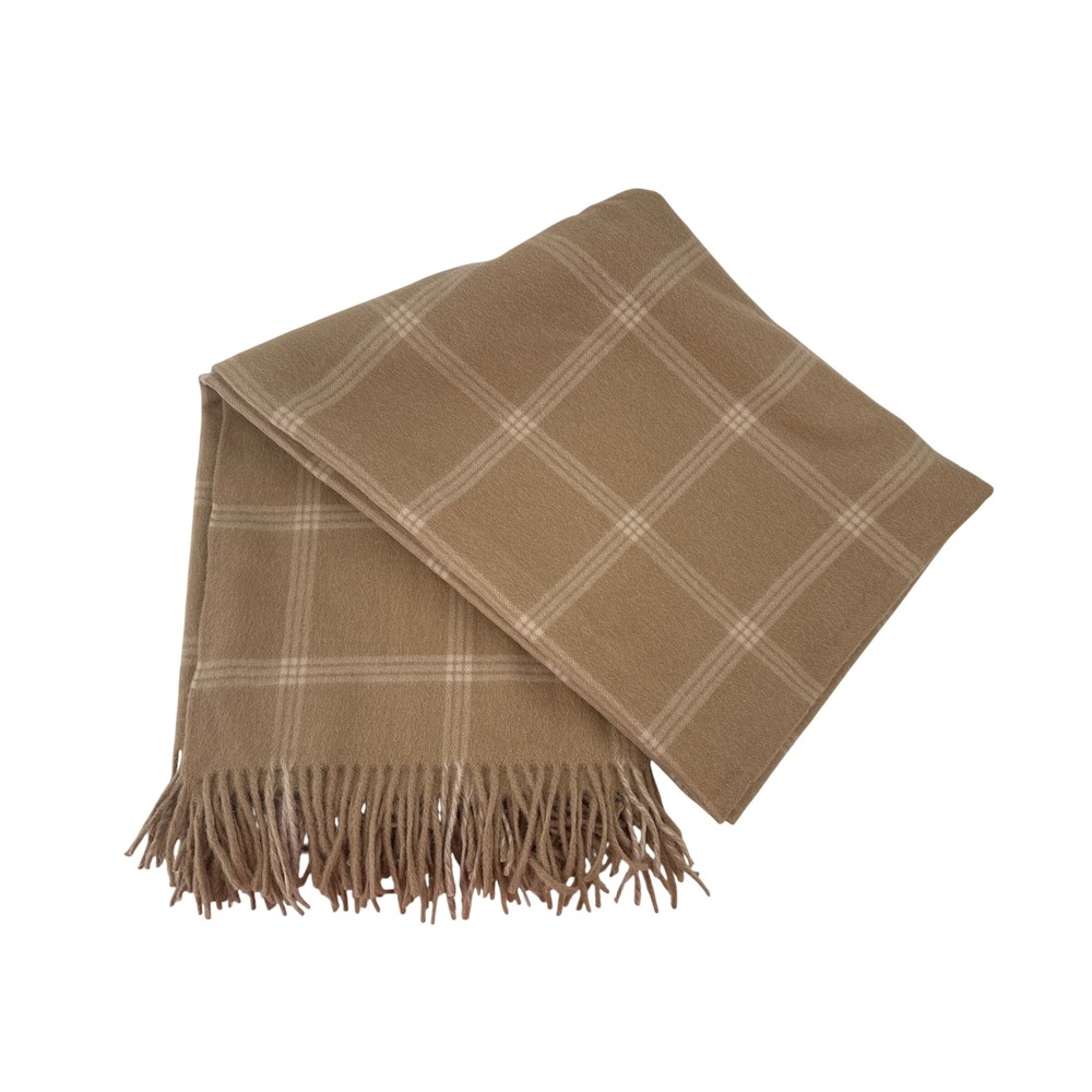 Lauren Ralph Lauren Scarf Throw Tan Windowpane Baby Alpaca Fringe Luxury Peru